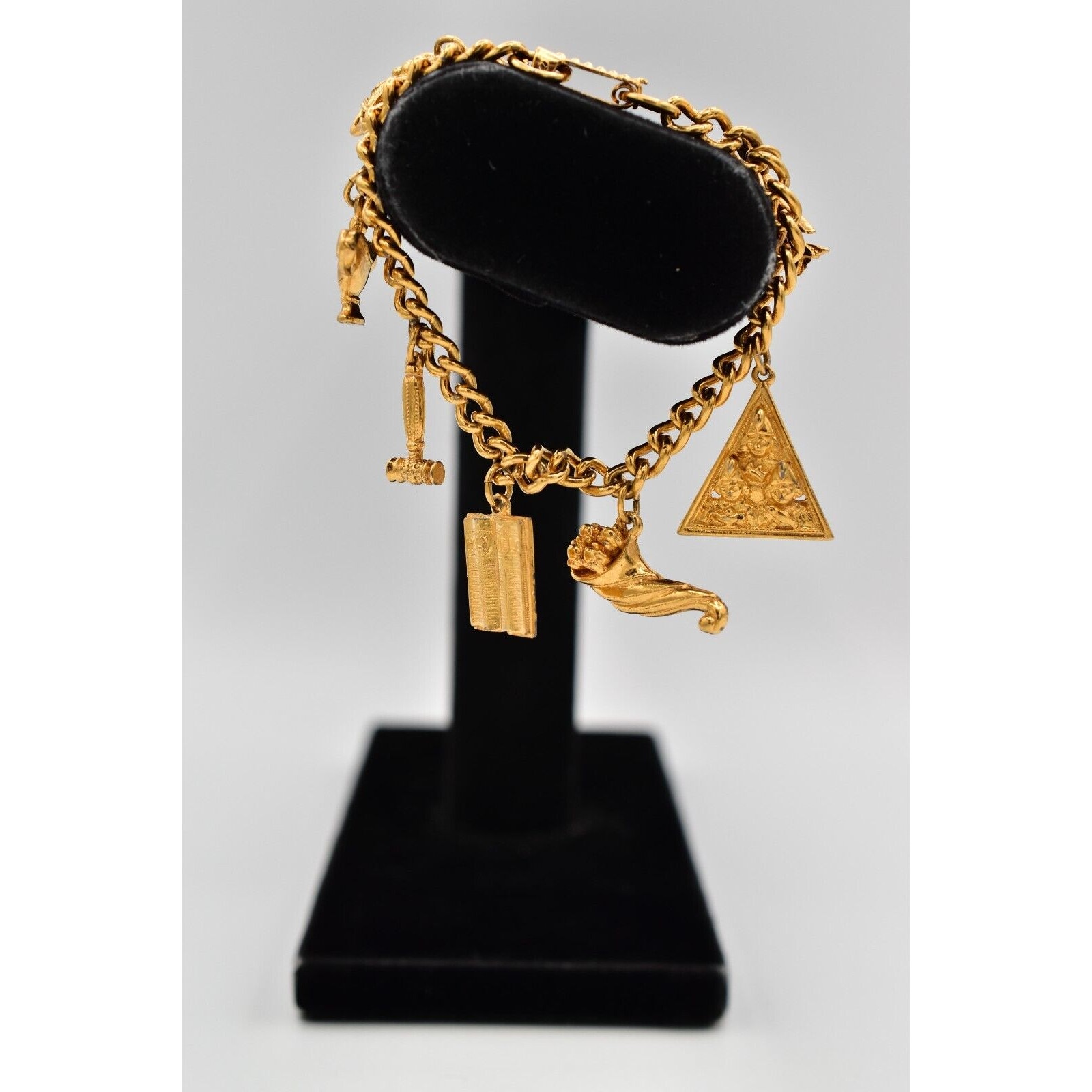 Ora Vintage Charm Bracelet Dangle Bird Bible Crown Gold Tone Signed 1940s Bino